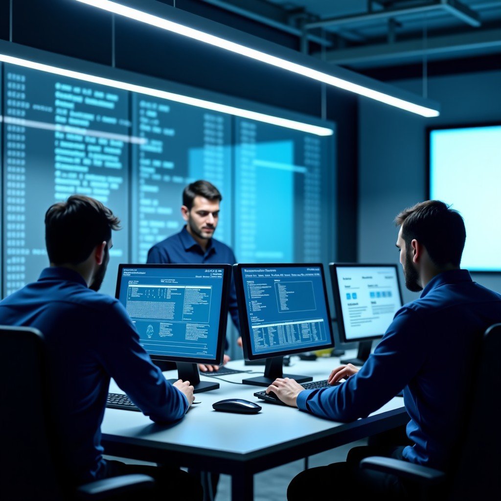 Engineers working on complex chip architecture in a modern office environment, high-tech interface screens, professional, detailed, 4:3