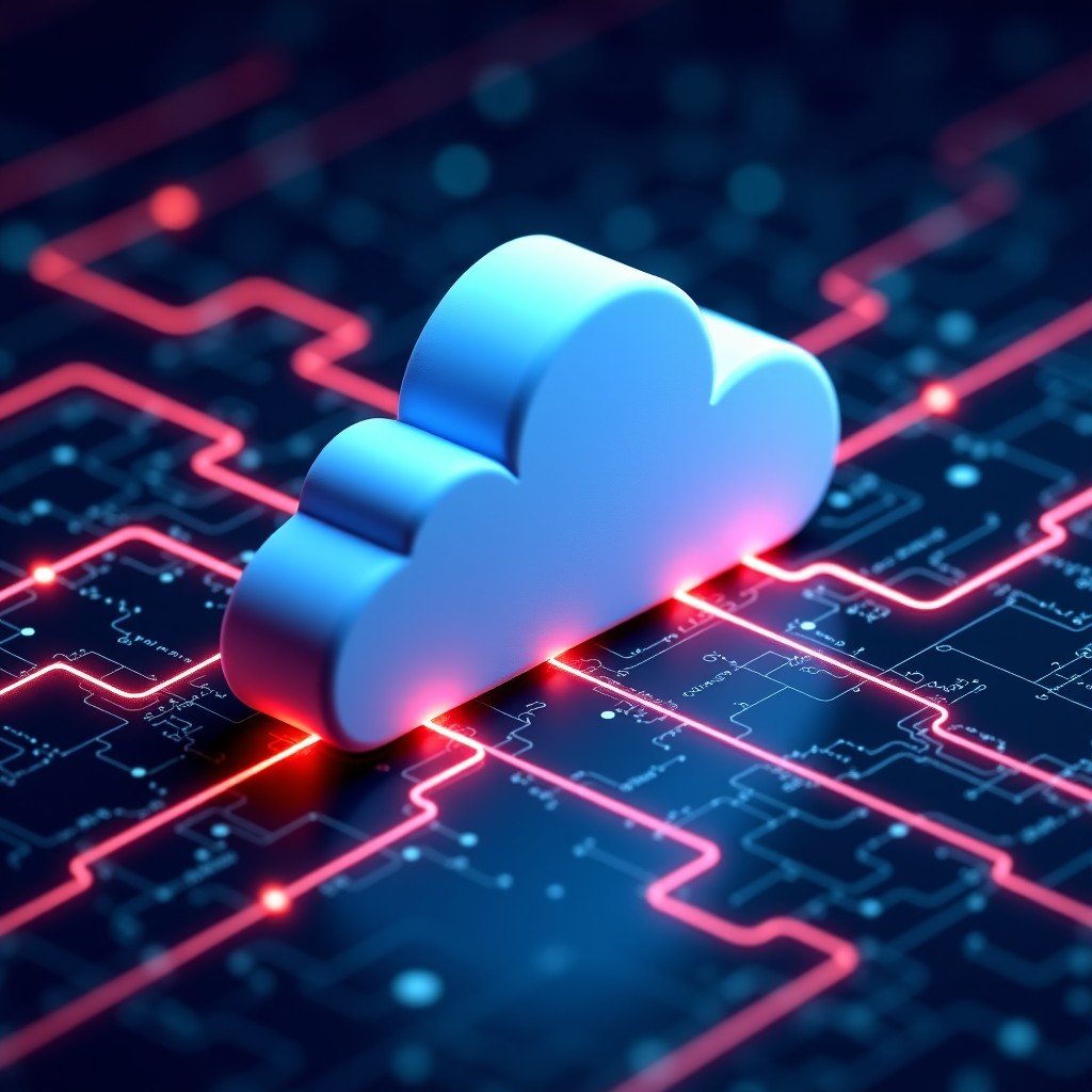 Cloud computing nodes interconnected by glowing security lines, dark background with vibrant data streams, futuristic infrastructure, 4:3