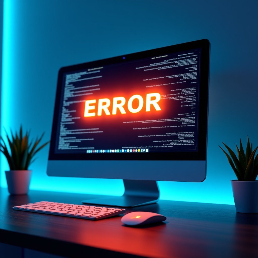 A modern computer screen showing a digital error message with glitch effects, abstract neon blue and orange colors, high tech aesthetic, futuristic digital interface, 1:1