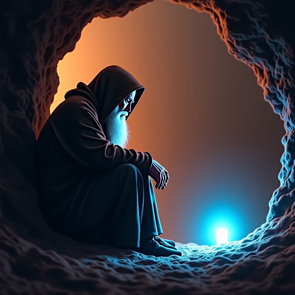 An elderly man with a white beard wearing a brown hooded robe sits alone in a dark, flickering cave on a desert planet. He is looking down at a small blue holoprojector with a look of pure grief and loss. The lighting is warm but melancholy. Realistic cinematic photography. No text. 4:3