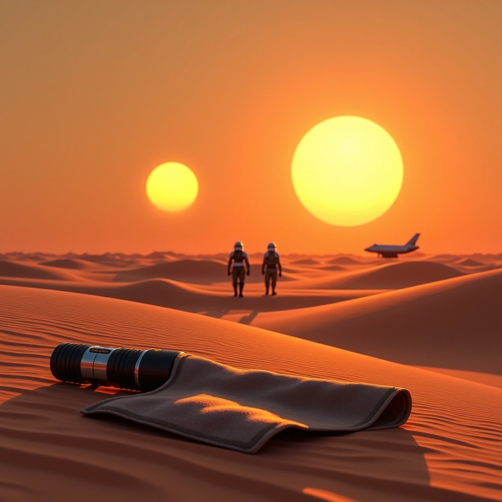 A cinematic and moody wide shot of the Tatooine desert at sunset with two suns. In the foreground, a broken lightsaber and a dusty farm boy's tunic lie on the sand. In the distance, a squad of Imperial Stormtroopers is walking away towards a parked shuttle. The atmosphere is somber and desolate. No text. 4:3