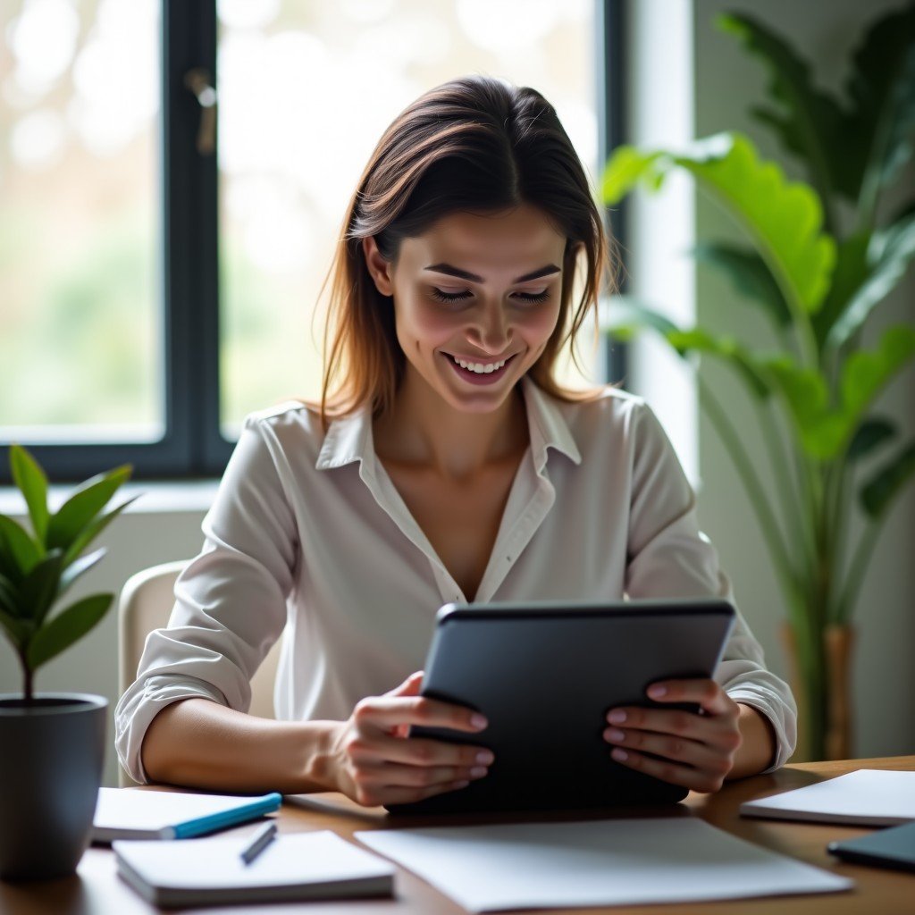 A lifestyle photograph of a person using a tablet computer in a modern, sunlit home office. The person has a focused and satisfied expression. The background is slightly blurred with indoor plants and professional decor. Natural lighting. 4:3