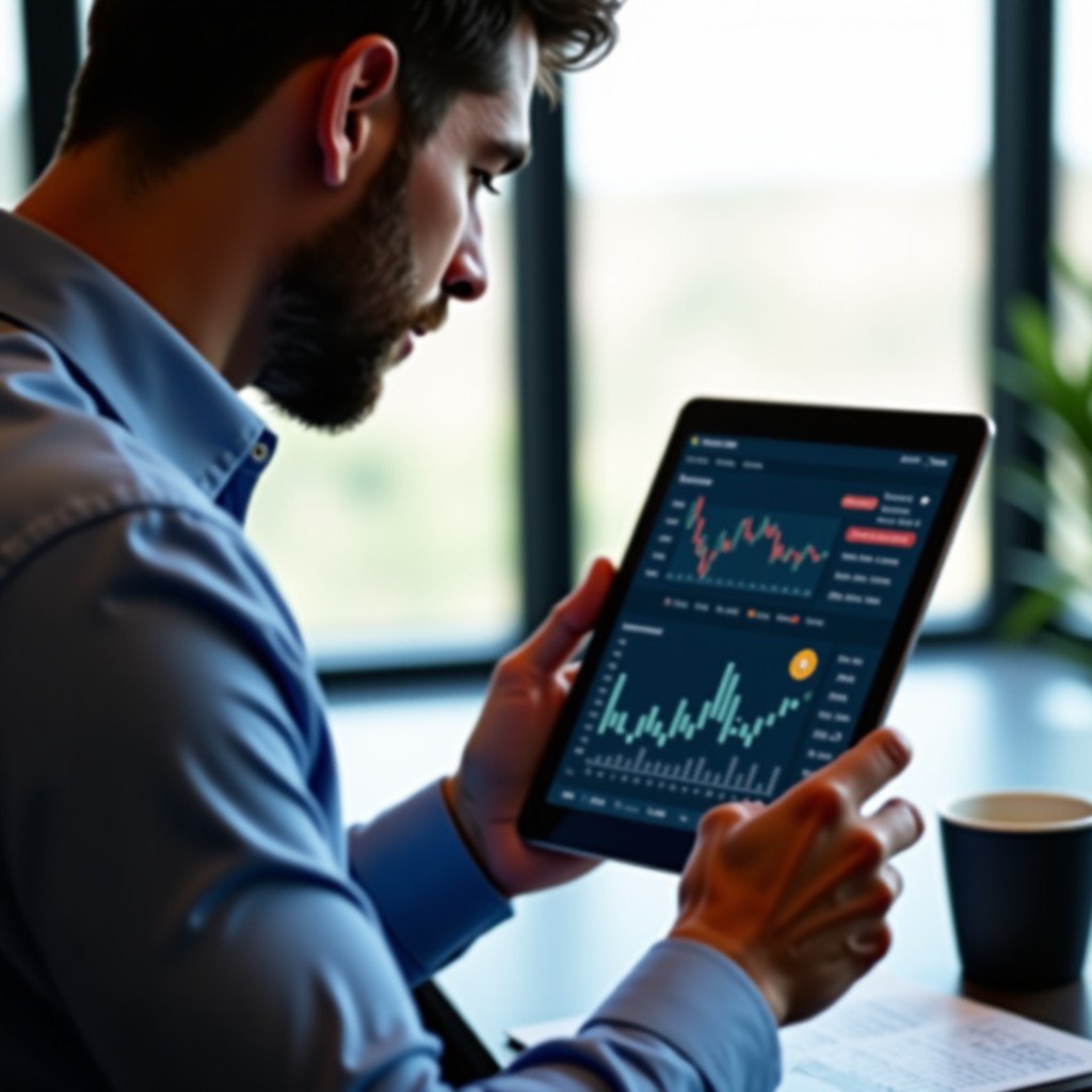 A professional person in a business setting looking at a tablet showing financial stock charts and data trends. Focused expression with soft natural office lighting. Authentic lifestyle photography 4:3