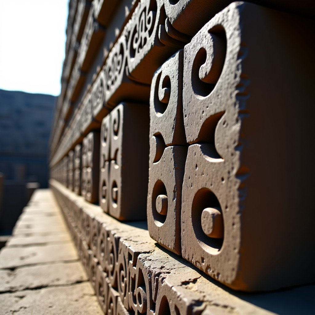 Close-up of ancient Aztec stone carvings and ruins at the Templo Mayor archaeological site in Mexico City. The lighting is soft morning sun, highlighting the textures of the volcanic rock and intricate patterns. 4:3