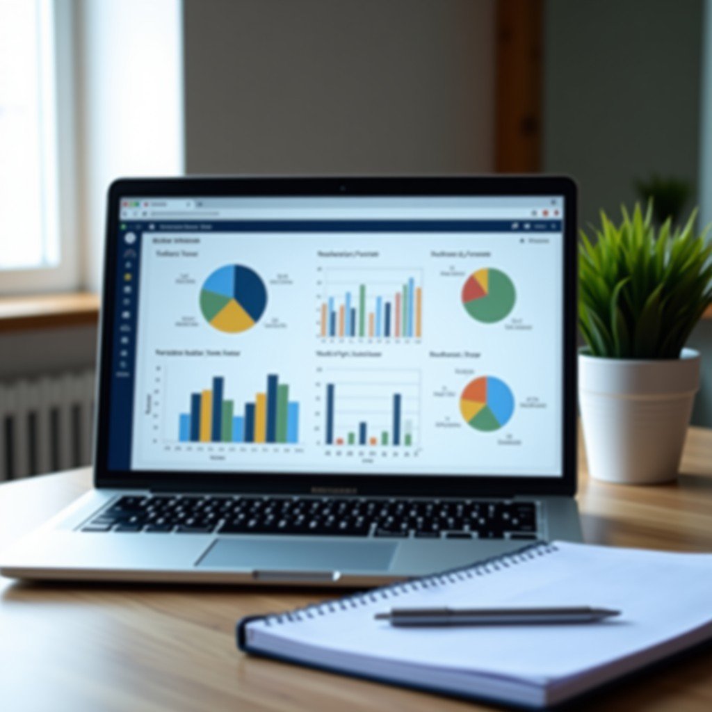 A modern desk workspace with a laptop showing analytical charts and a notebook, professional environment, soft depth of field, 4:3.