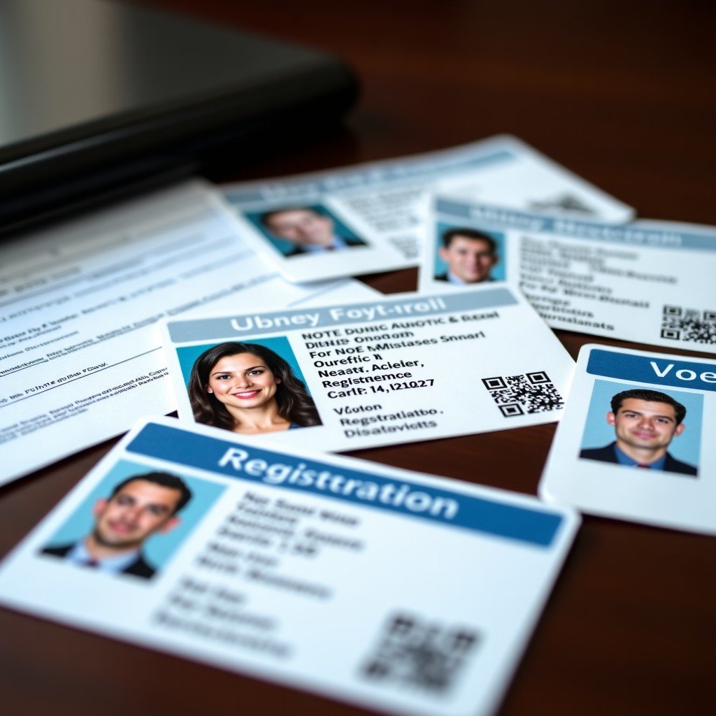 A close-up, high-quality photograph of various official government identification cards and voter registration documents laid out on a dark wooden desk. The composition is clean and legalistic, emphasizing the importance of documentation in the election process. Balanced lighting with professional focus. No text. 4:3