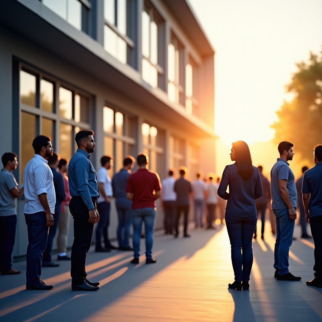A long line of diverse citizens standing in front of a modern public building serving as a polling station. The scene is orderly and peaceful, with warm morning sunlight casting soft shadows. The focus is on the people's expressions of quiet determination and civic duty. Highly detailed composition. No text. 4:3