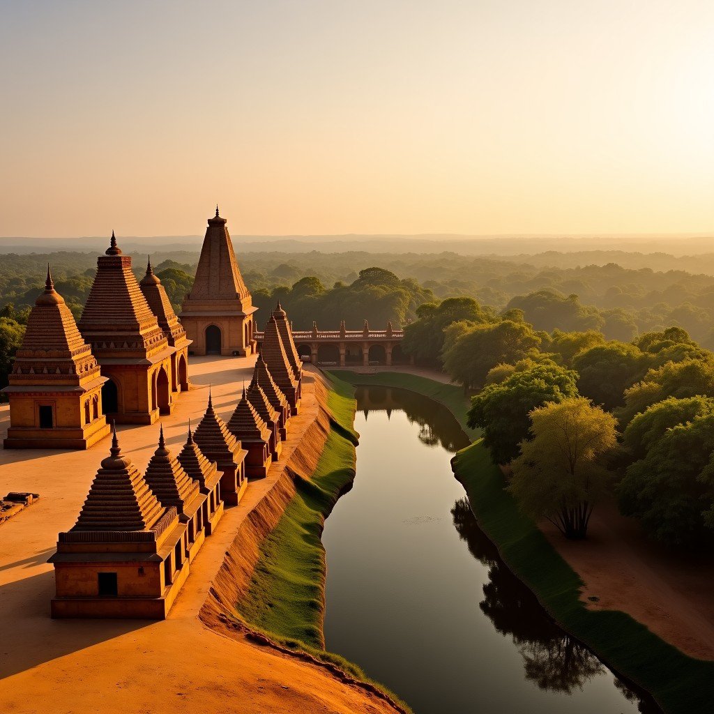 A wide landscape shot of the Group of Monuments at Pattadakal in India, featuring various ancient Hindu temples made of golden sandstone, located by the Malaprabha River, warm daylight, architectural photography, 4:3