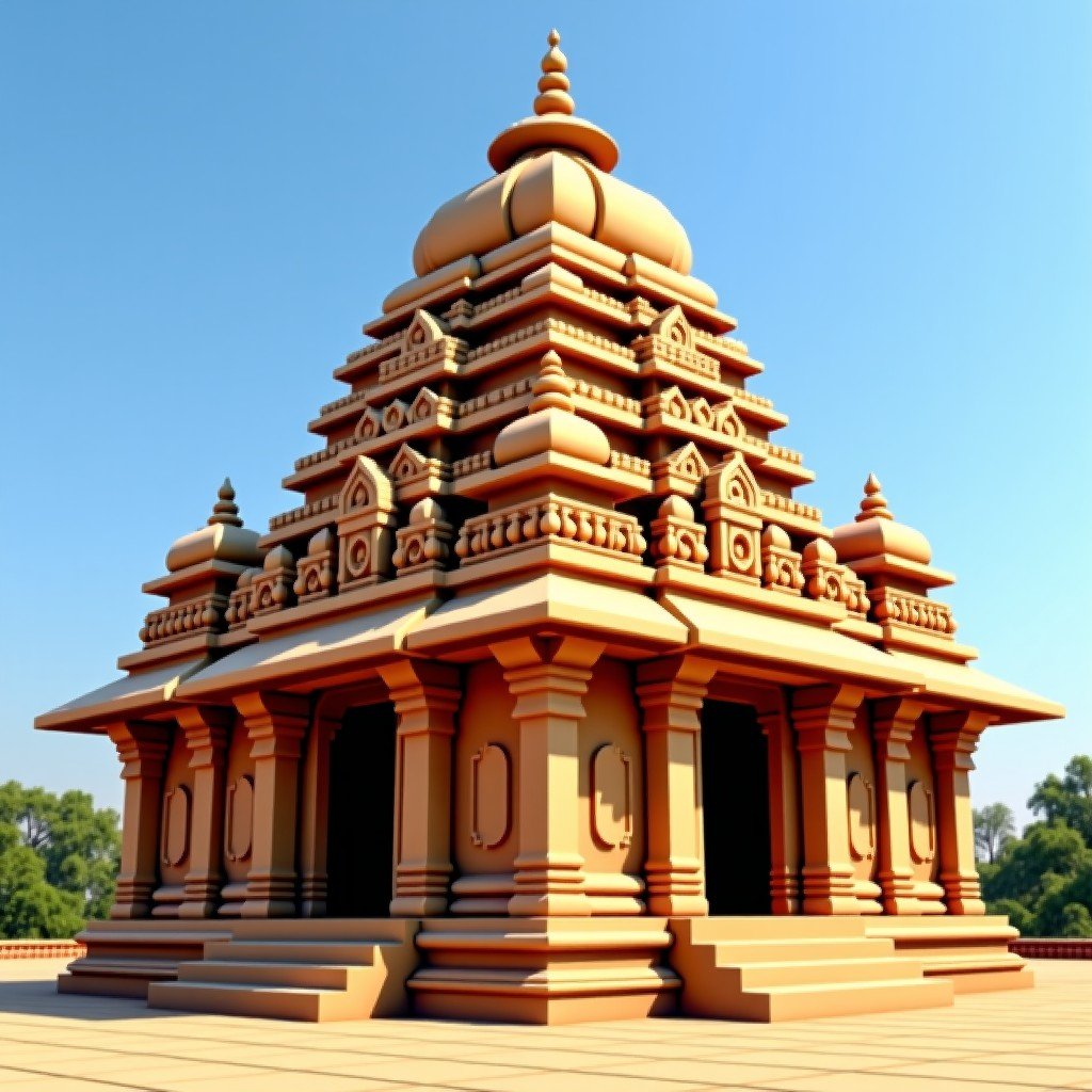 Architectural detail of the Papanatha Temple at Pattadakal, showing the transition between northern and southern Indian architectural styles, golden sandstone under a blue sky, 4:3