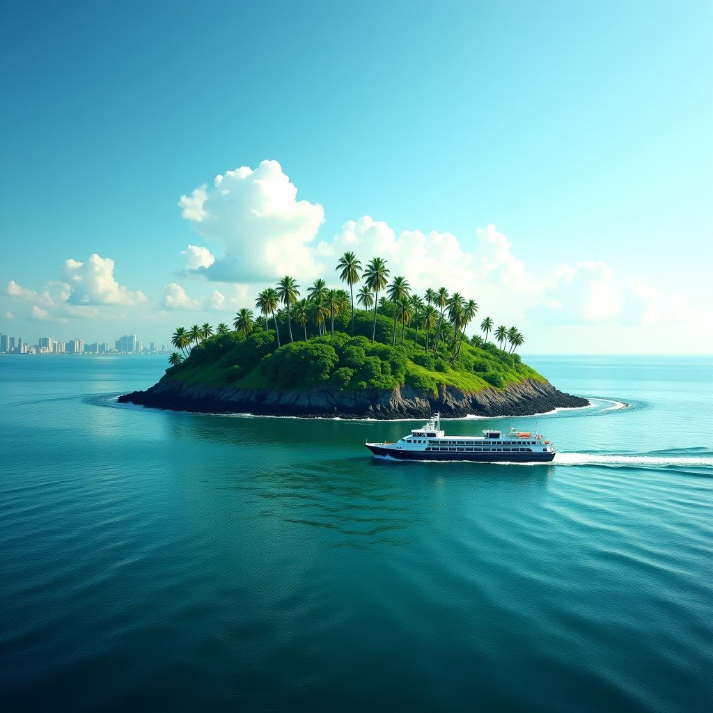 A scenic view of a ferry boat approaching a lush green tropical island in the Arabian Sea, Mumbai skyline in the distant background, bright sunny day, cinematic lighting, high contrast, 4:3