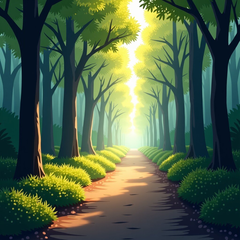 A lonely path in a forest with soft morning light filtering through the trees, meditative atmosphere, 4:3