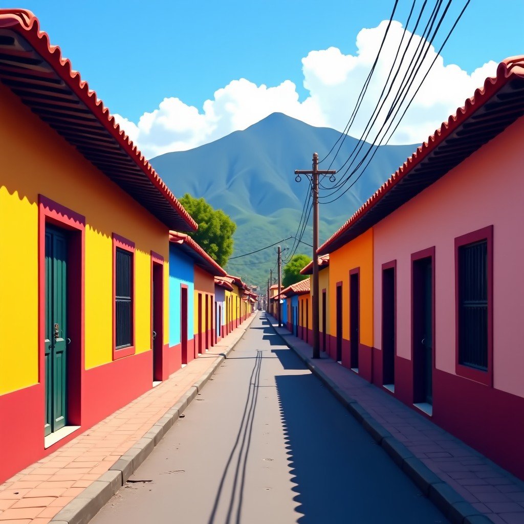 A narrow colonial street in Potosi with colorful buildings and red tiled roofs, Andean mountains in the distance, blue sky, peaceful atmosphere, 1:1