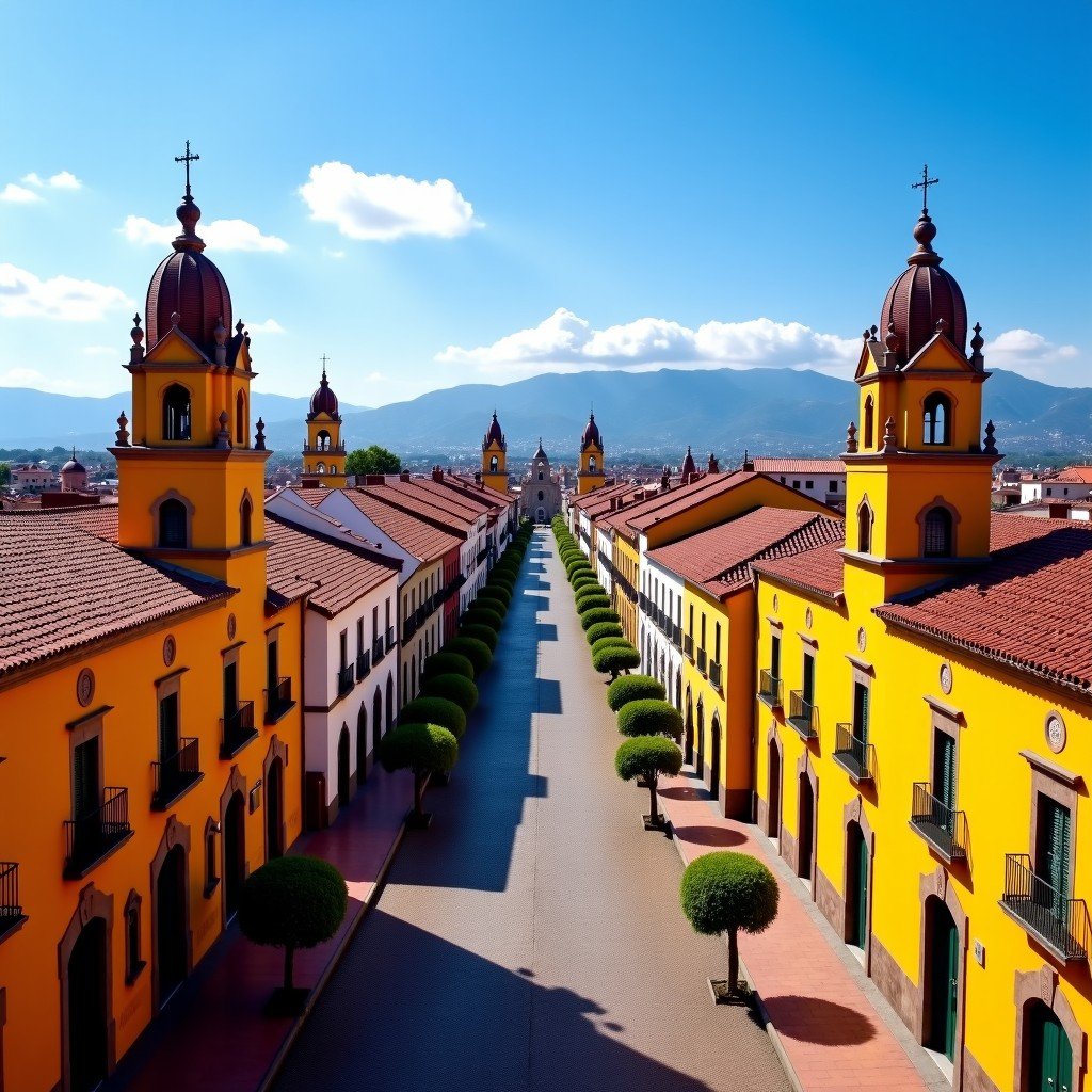 Panoramic view of Puebla historic centre, vibrant colonial architecture, cathedral towers, sunny day, 4:3