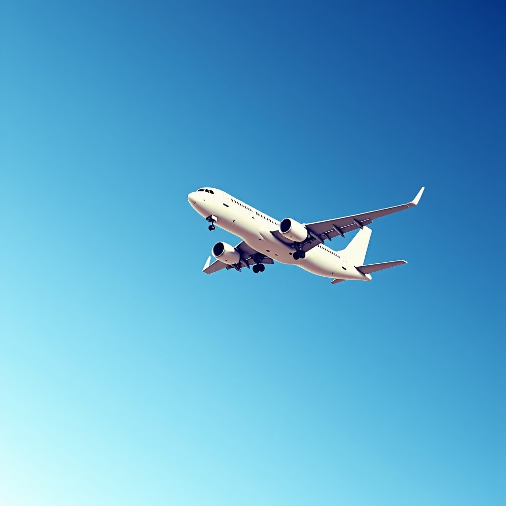 A commercial airplane flying in a clear blue sky with a subtle abstract energetic aura around it, high quality, 4:3.