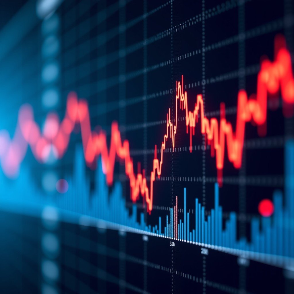 A professional digital stock market display screen showing sharp downward trends with red arrows and falling line graphs in a high-tech financial environment. No text or characters. 4:3