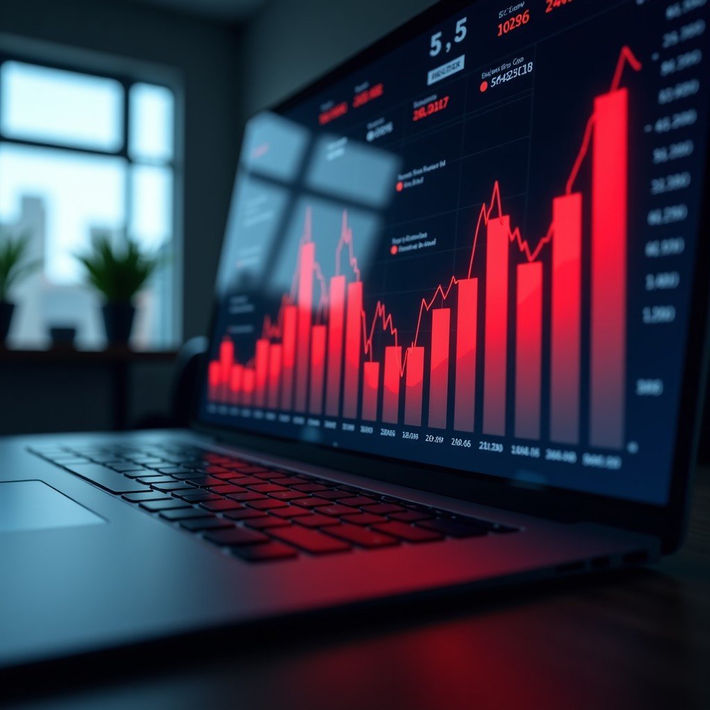 A professional digital dashboard showing a red downward stock market trend with translucent AI neural network overlays, high contrast, modern financial office atmosphere, cinematic lighting, 4:3