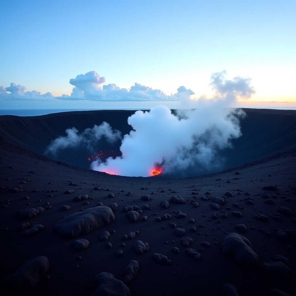 A wide landscape shot of Kilauea crater in Hawaii Volcanoes National Park with steam rising from vents and a dark lava floor under a clear sky, 4:3