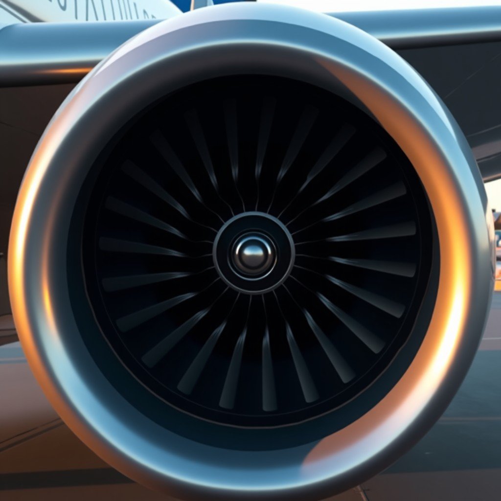 A modern cinematic close up of a jet engine turbine, sharp focus, metallic textures, warm lighting, professional photography, 4:3.