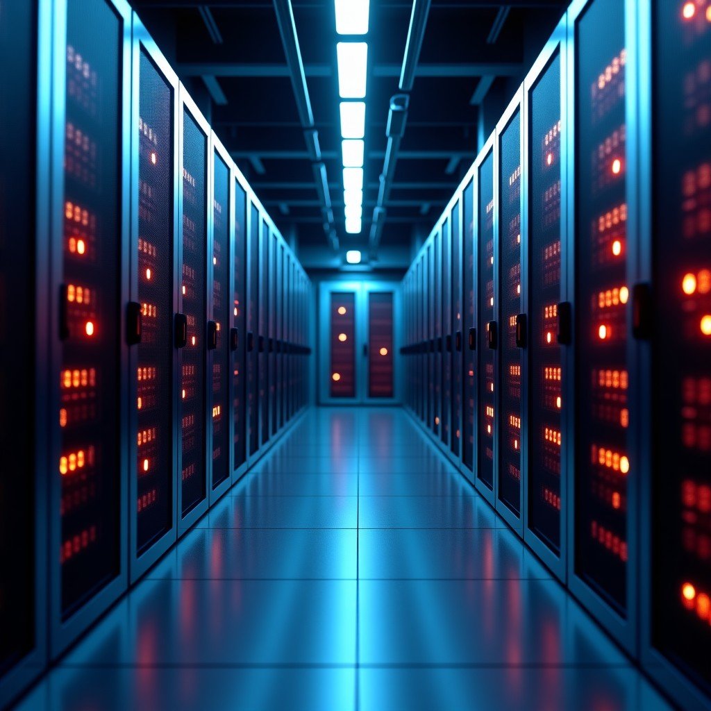 A detailed view of high-end AI server racks inside a data center, glowing lights, cooling systems, tech aesthetic, cinematic lighting, 4:3.
