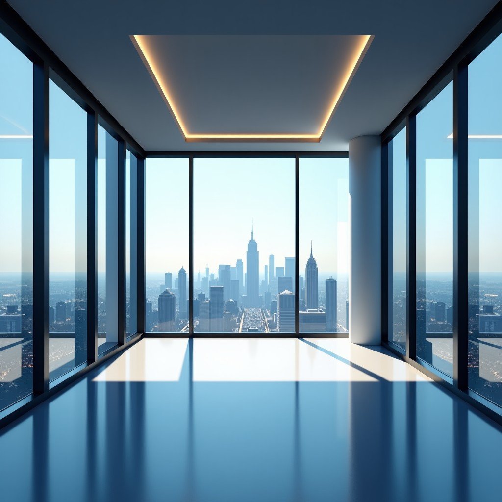 Modern interior of a high-end office with glass walls overlooking a city, professional atmosphere, realistic style, 4:3