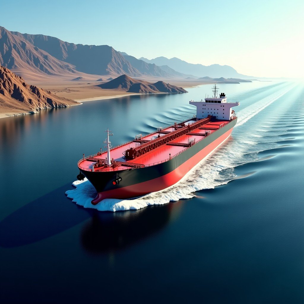 A massive oil tanker ship navigating through a narrow strait, deep blue water, rugged desert coastline in the background, cinematic lighting, realistic digital photography, 4:3