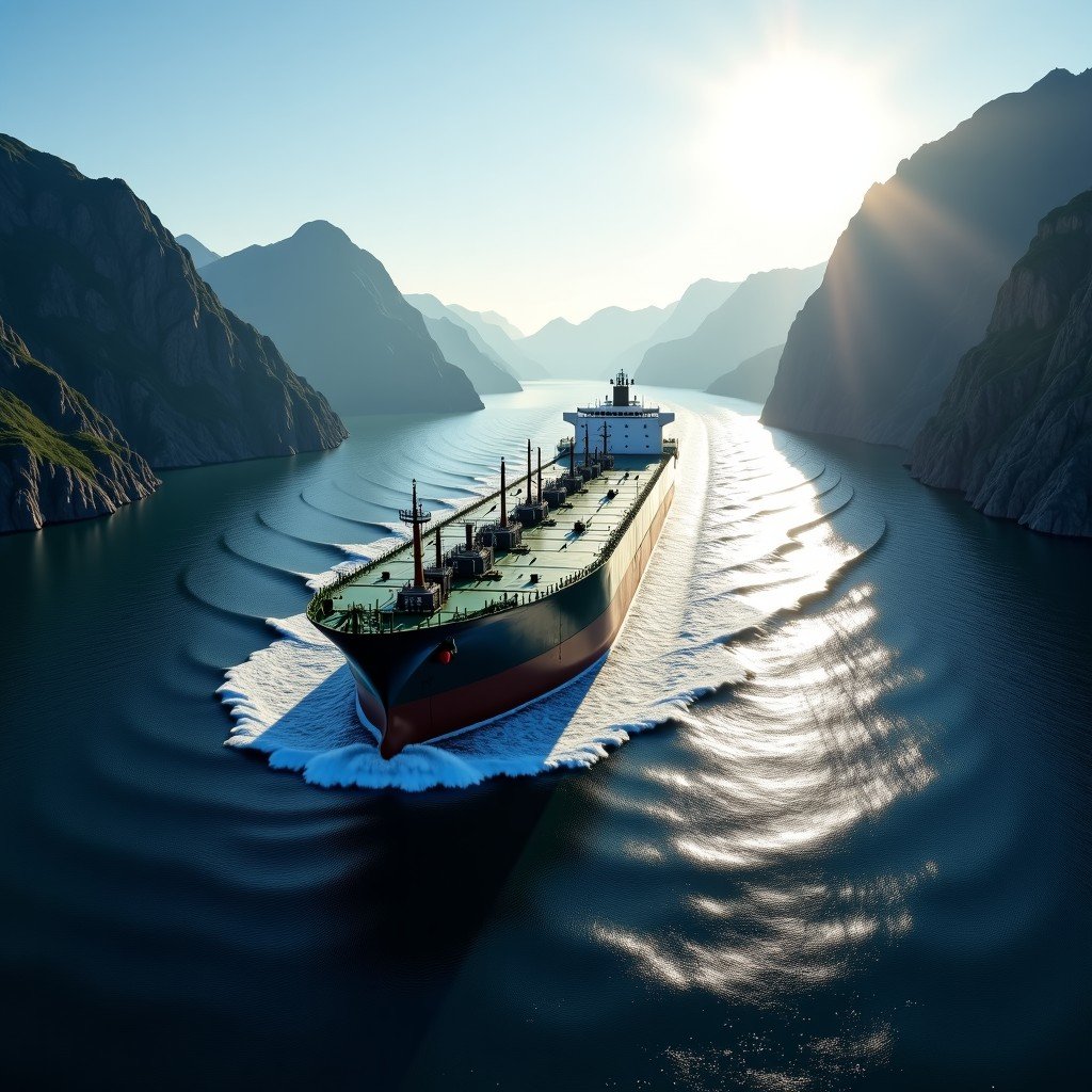 A massive oil tanker sailing through a narrow strait with rugged coastal mountains in the background under a bright sun. High contrast and realistic. 4:3