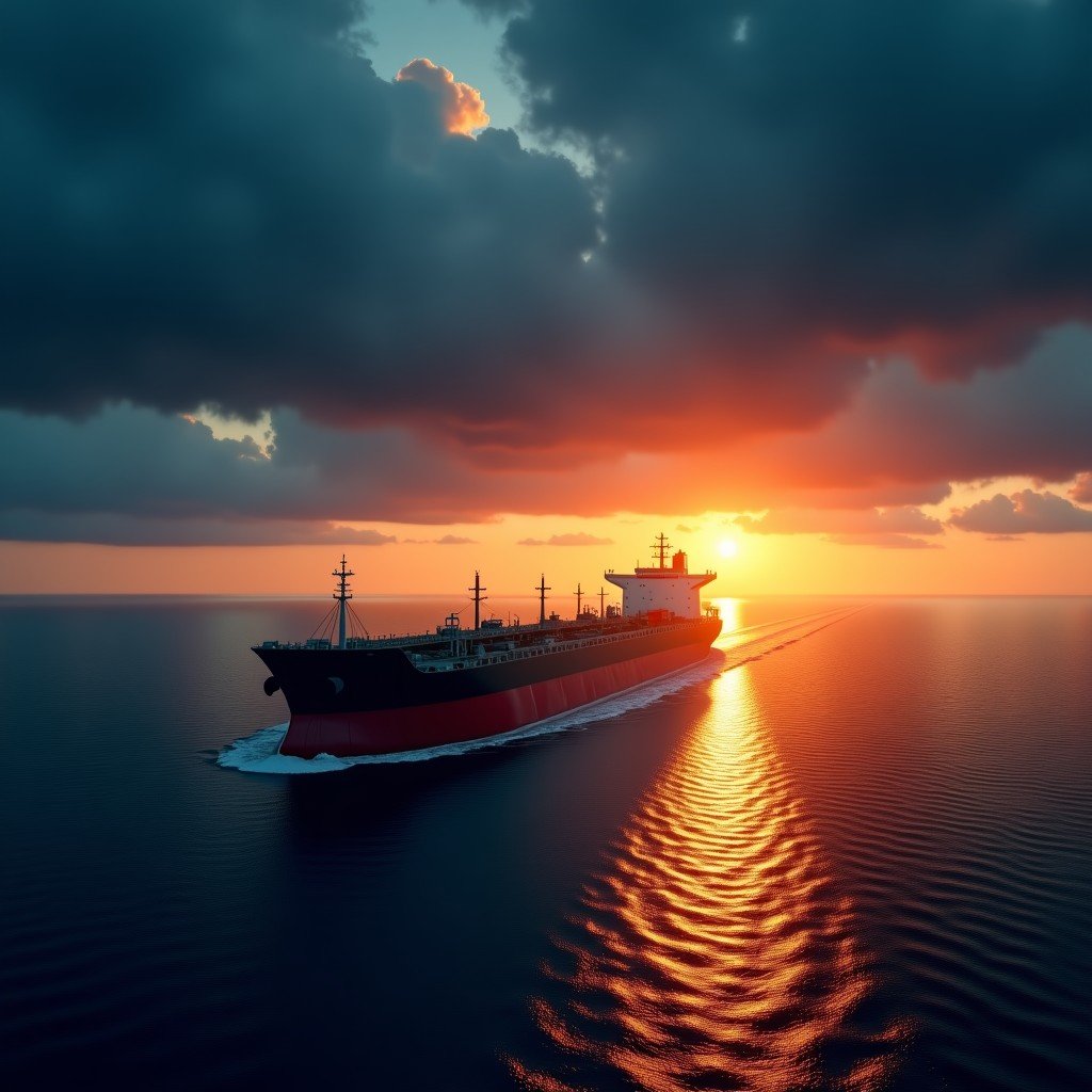 A large industrial oil tanker navigating through a narrow strait at sunset. Dark moody clouds in the sky reflecting geopolitical tension. Professional photography style with deep orange and blue tones. 4:3