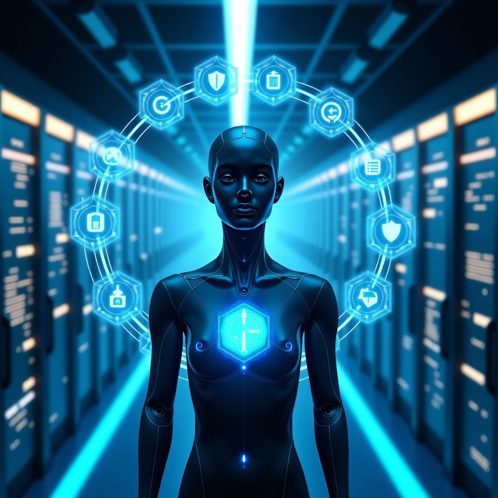 A humanoid AI agent surrounded by glowing holographic shields and data protection symbols in a high-tech server room, intricate details, glowing light effects, 4:3