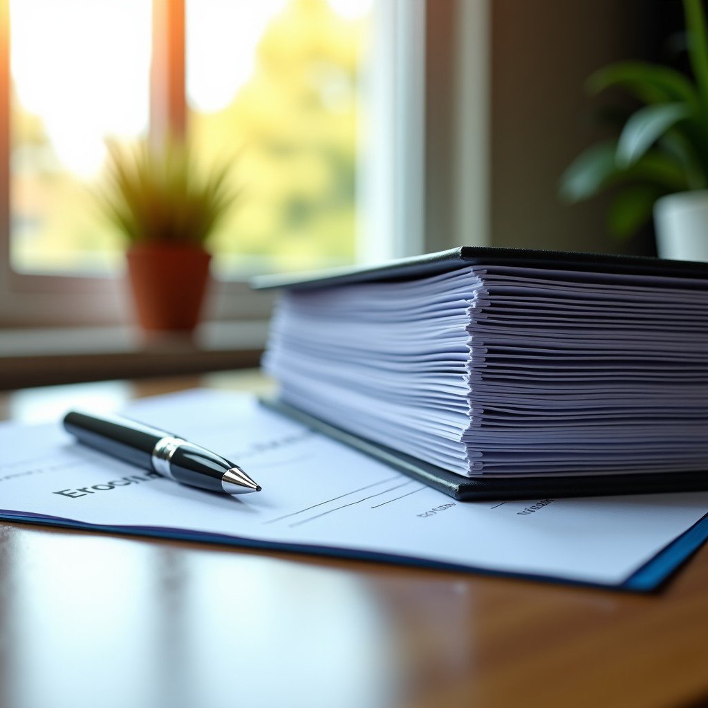 A stack of neat financial folders and a pen, warm and organized workspace, soft focus background, professional and reliable atmosphere, 4:3 aspect ratio.
