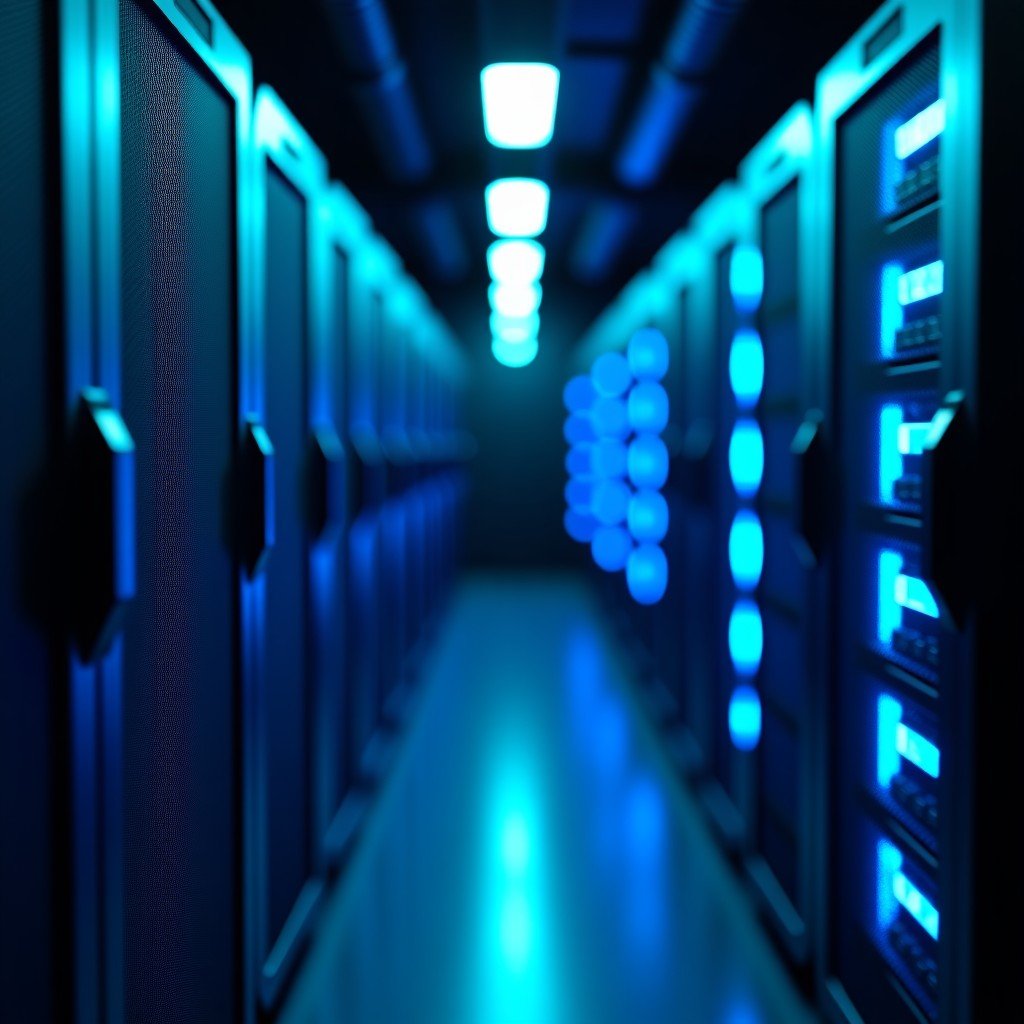 A futuristic server room with glowing blue cables and advanced hardware racks, depth of field, sharp focus on components, high-tech aesthetic, 4:3