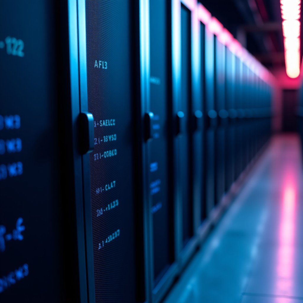 Close-up shot of sophisticated server racks in an AI data center, neon lighting, clean and professional atmosphere, cinematic lighting, 4:3