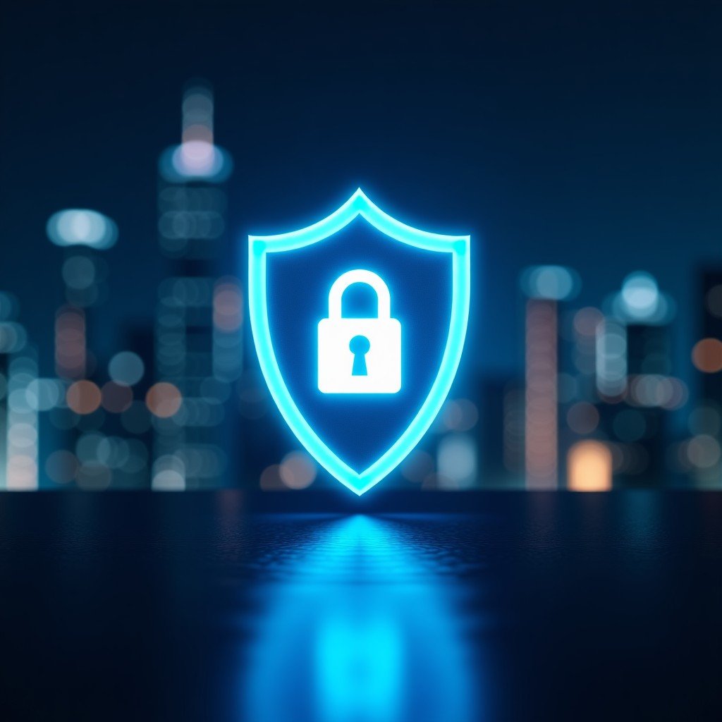Digital security shield icon integrated into a modern business environment, cool tones, sophisticated technology concept, 4:3 aspect ratio