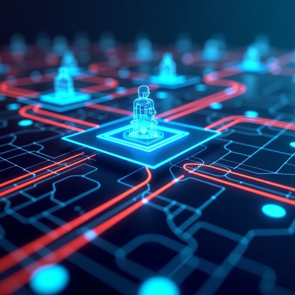 A futuristic digital interface showing autonomous AI agents working in a network, glowing neon lines, professional high-tech aesthetic, 4:3 aspect ratio