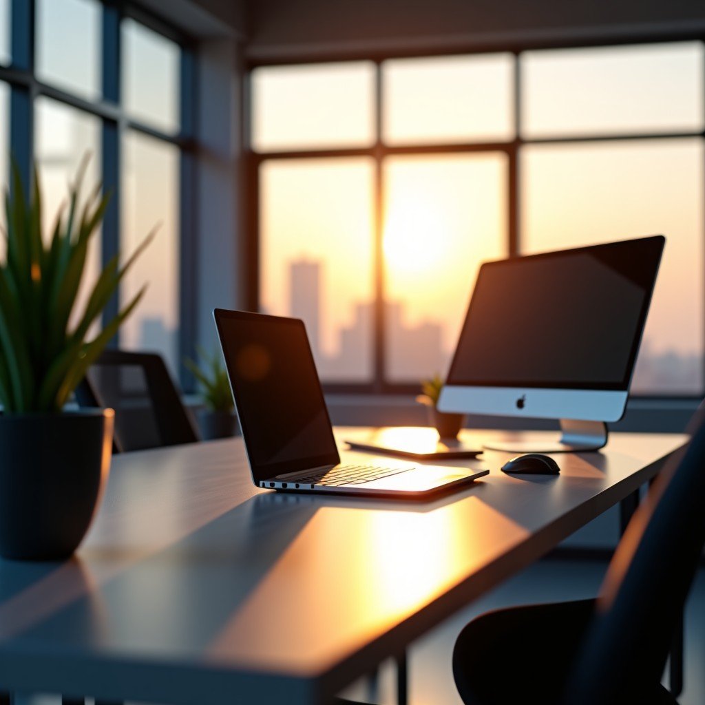 Modern office workspace with smart devices, warm sunlight hitting a sleek desk, creative and professional environment, 4:3 aspect ratio