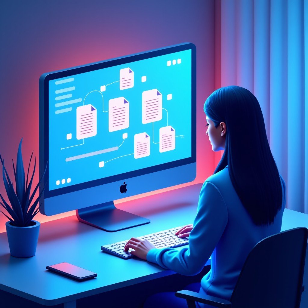 Conceptual illustration of an AI agent organizing digital files and data on a computer screen, futuristic tech style, blue and purple lighting, high quality, 16:9 aspect ratio.