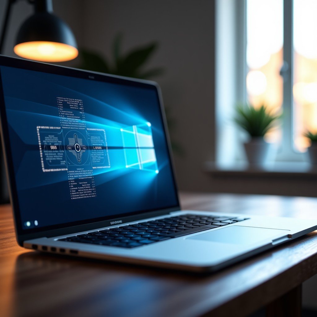 Close up shot of a high end laptop in a minimalist home office, glowing AI interface on screen, professional and clean atmosphere, soft bokeh background, 16:9 aspect ratio.