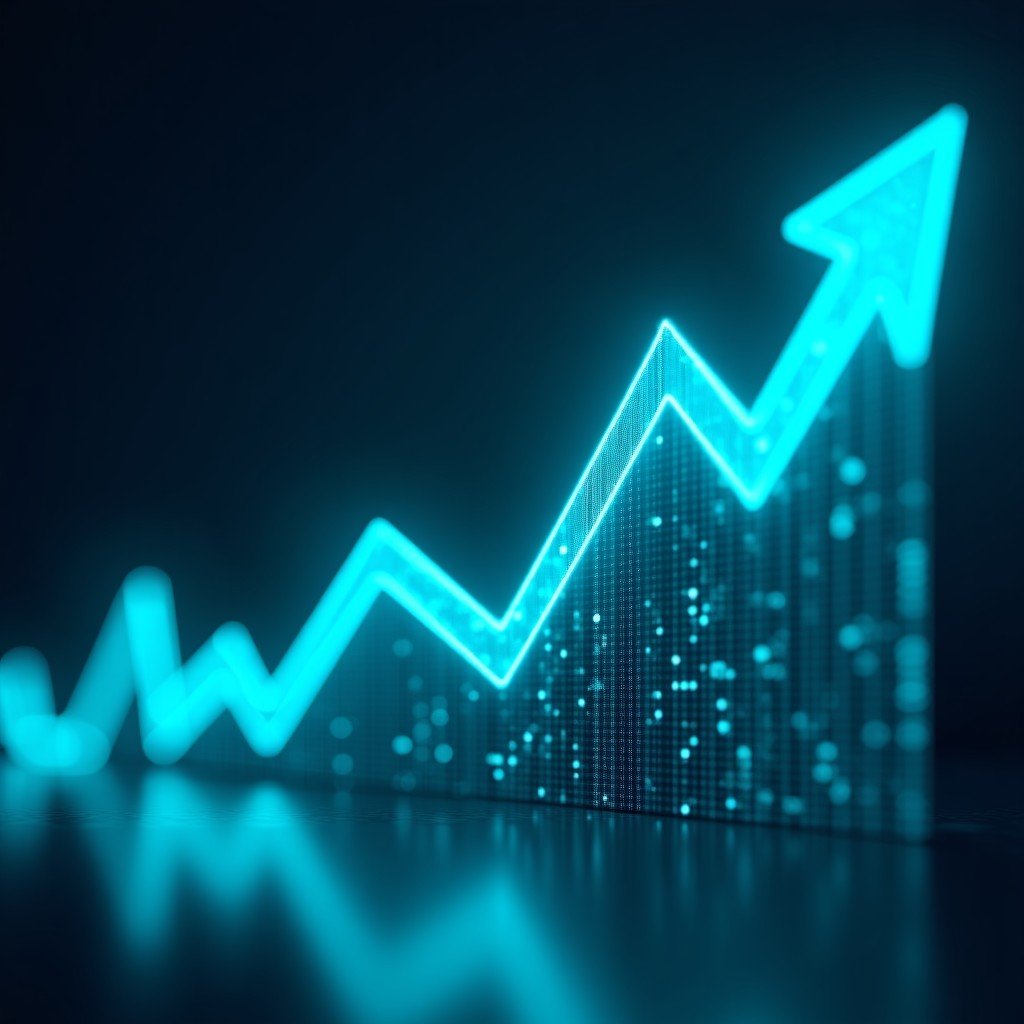 Abstract representation of digital stock market growth trends with glowing blue and green upward arrows in a modern tech environment 4:3