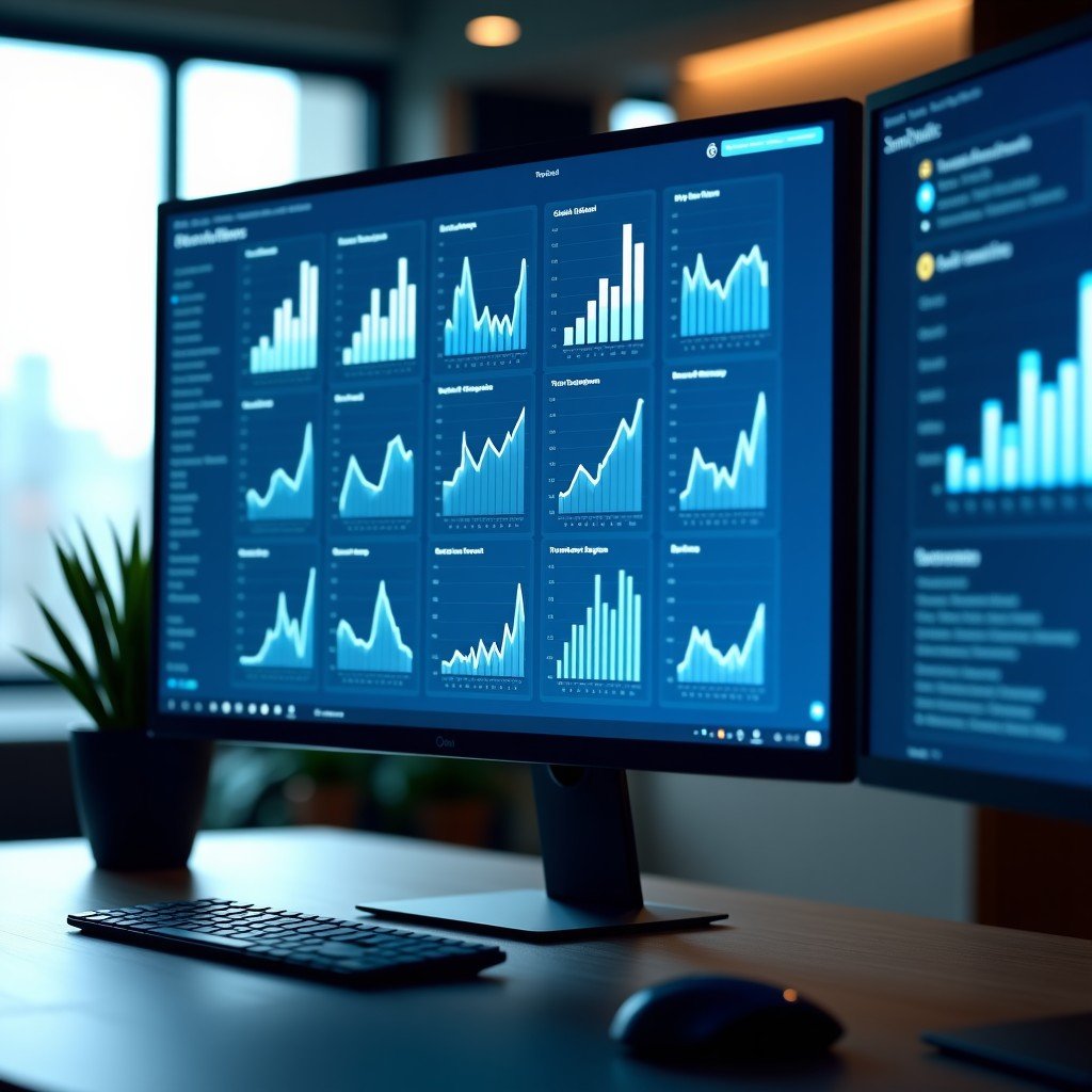 Corporate office setting with professional digital workspace showing AI analytics software on modern displays bright and clean aesthetic 4:3