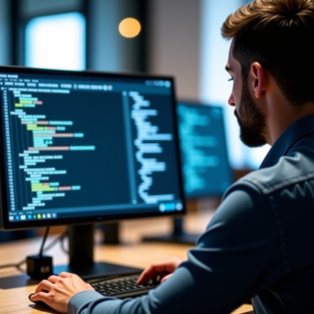 Close up of a software engineer working on code with AI assistance interface visible on the screen, modern office atmosphere, soft lighting, 16:9 ratio.