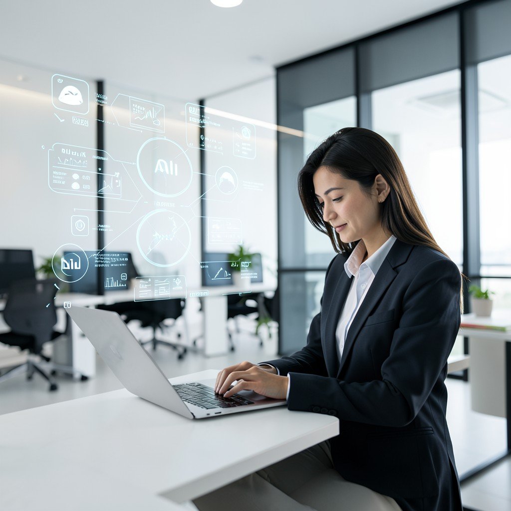 A person working on a laptop in a modern office with floating AI data icons, clean, minimalist, high tech, sharp focus, 4:3