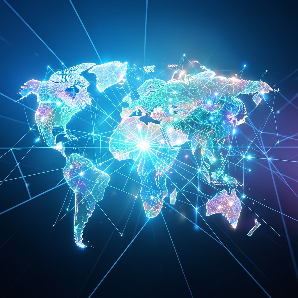 Abstract representation of global digital connectivity and networks, bright, futuristic, clean lines, professional aesthetic, 1:1