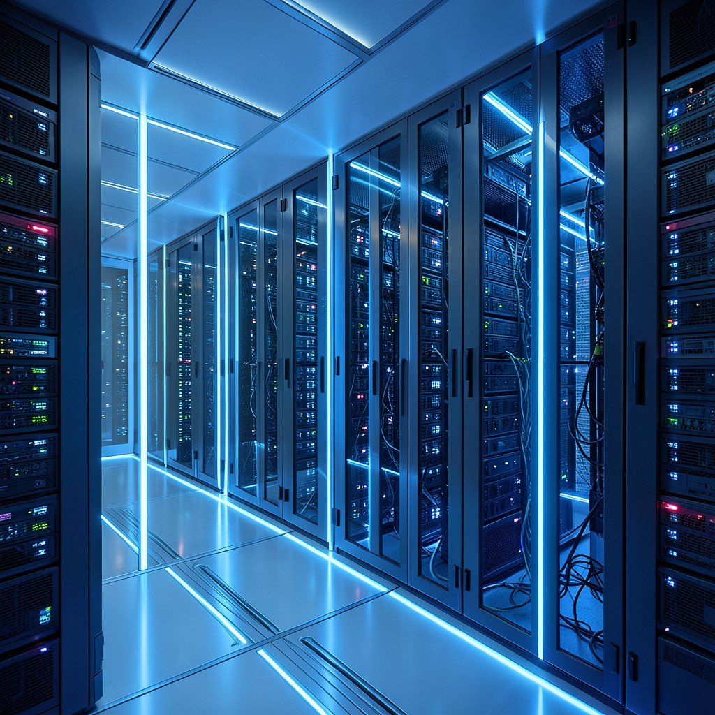 A futuristic view of a high-tech data center with servers and cooling systems. Glowing blue lights, clean and professional look. Cinematic composition, 4:3 aspect ratio.