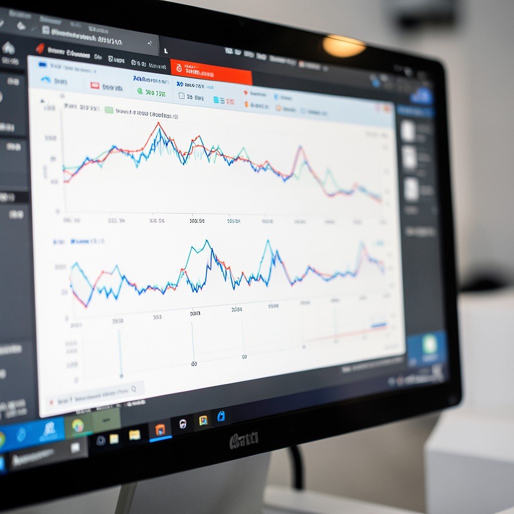 Close up of a computer screen showing data analysis charts and retail logistics, high quality, professional photography, 16:9 aspect ratio