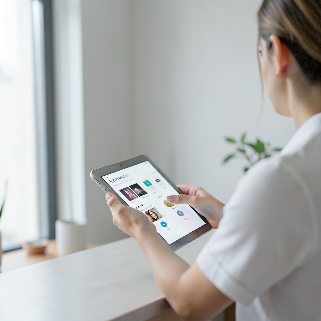 A person browsing products on a tablet with AI assistance, minimalist interior setting, soft natural lighting, realistic style, 16:9 aspect ratio
