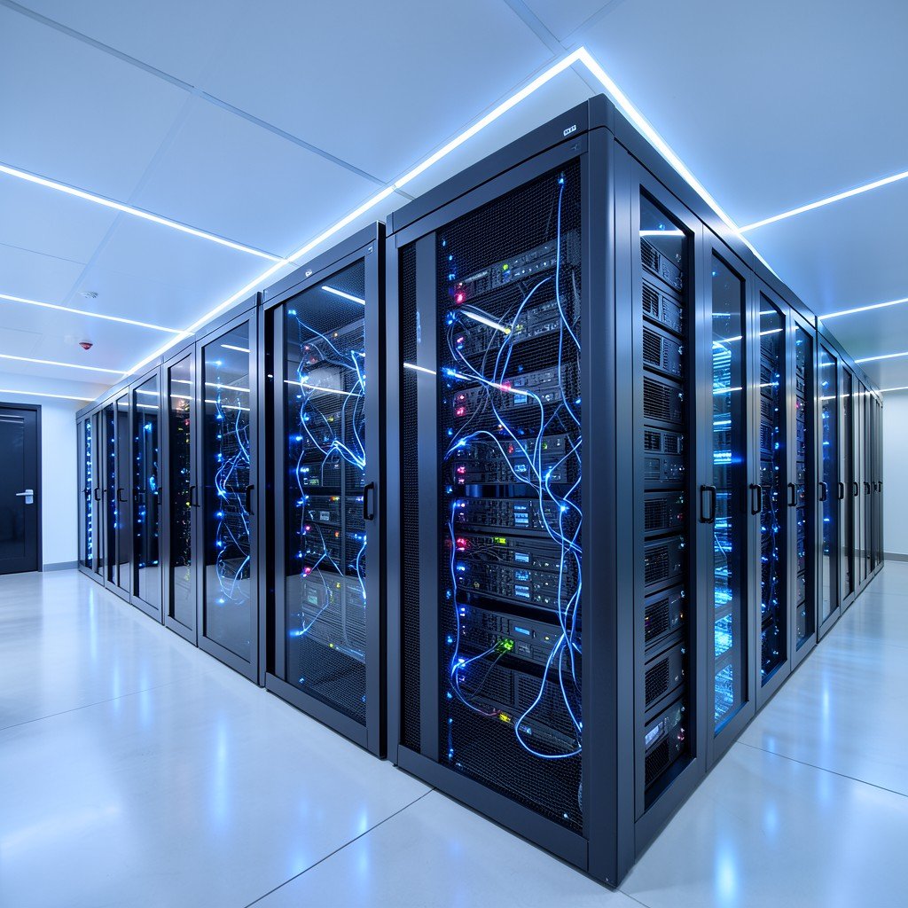 Modern server room data center with a clean architectural design, glowing blue lights representing data flow, wide angle shot, 4:3