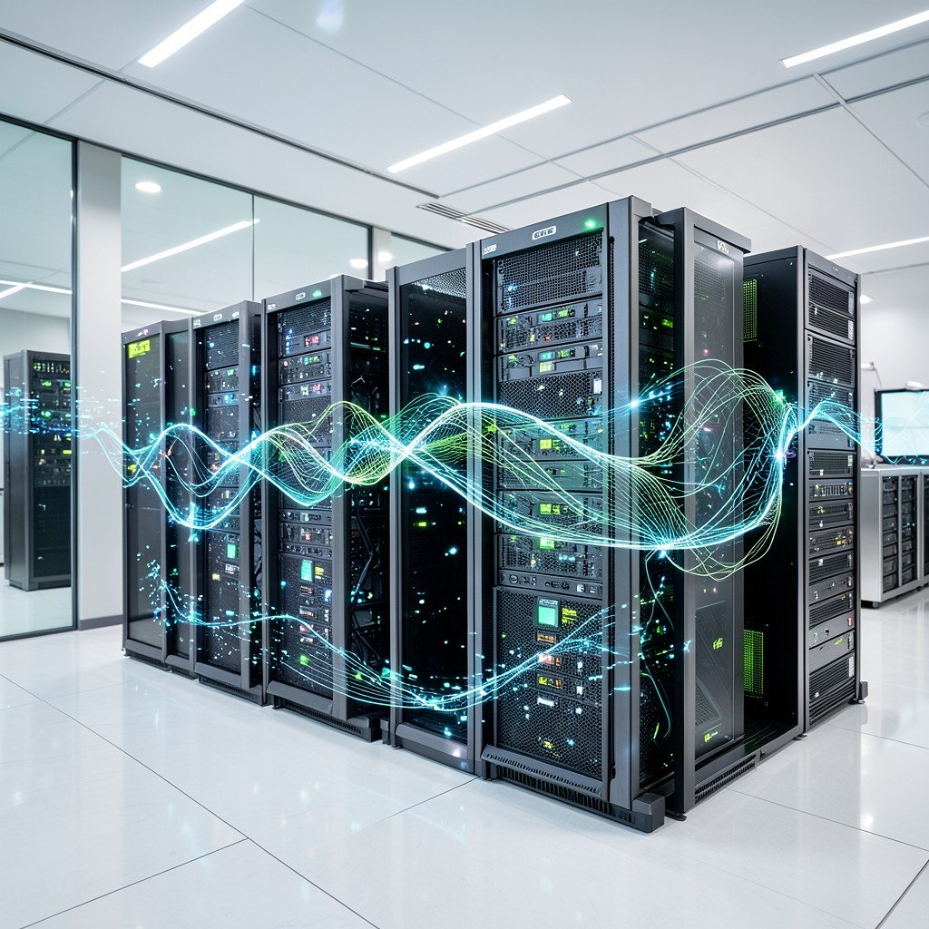 High-tech computing environment with server hardware and abstract digital data flow, clean interior design, professional lighting, realistic style, 4:3 aspect ratio.