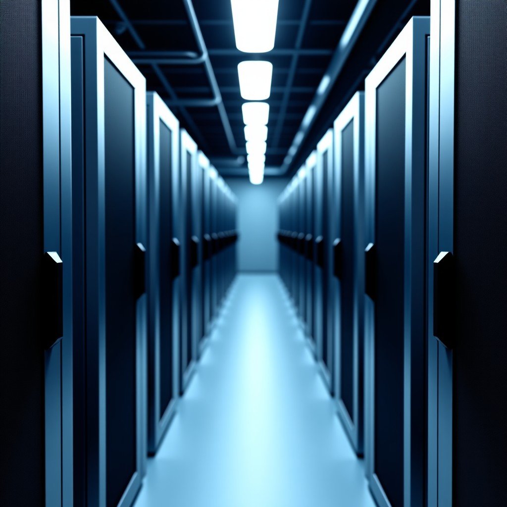 Rows of modern high-performance server racks in a data center, soft ambient lighting, clean and professional look, 16:9 aspect ratio