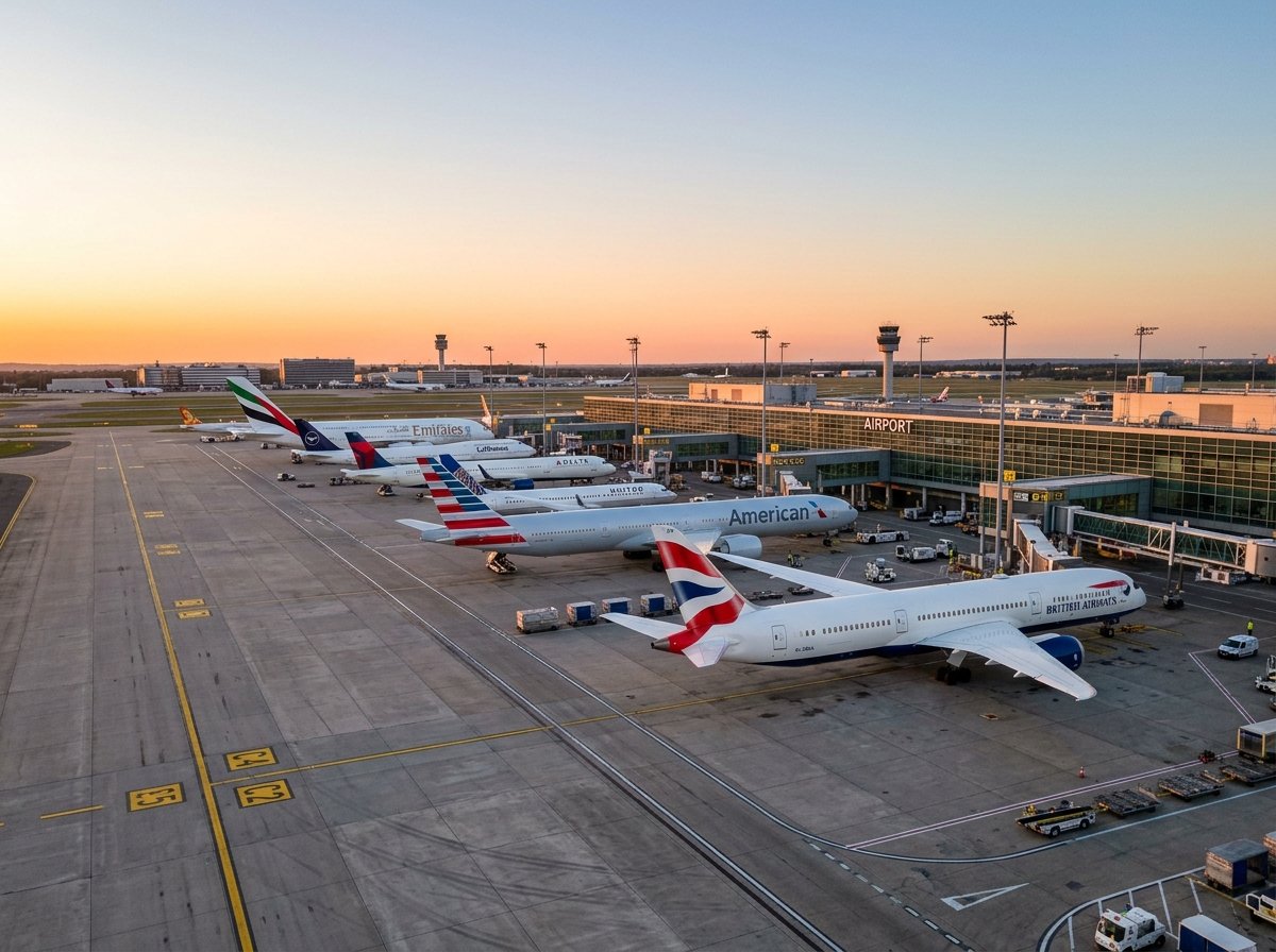 활주로에 대기 중인 항공기들