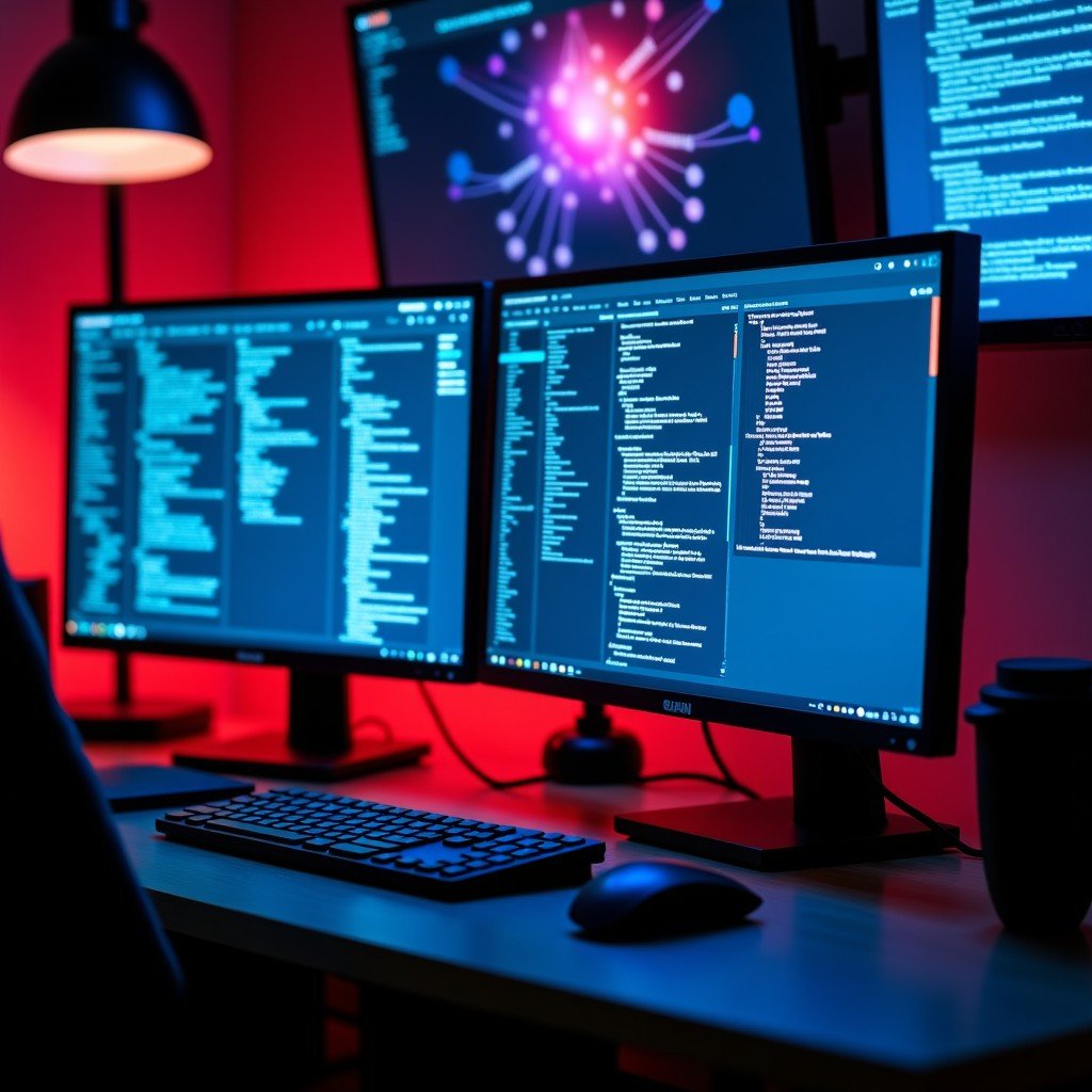 Professional workspace with multiple computer screens displaying complex neural network diagrams and data visualization codes, moody desk lighting, focus on digital productivity, 16:9