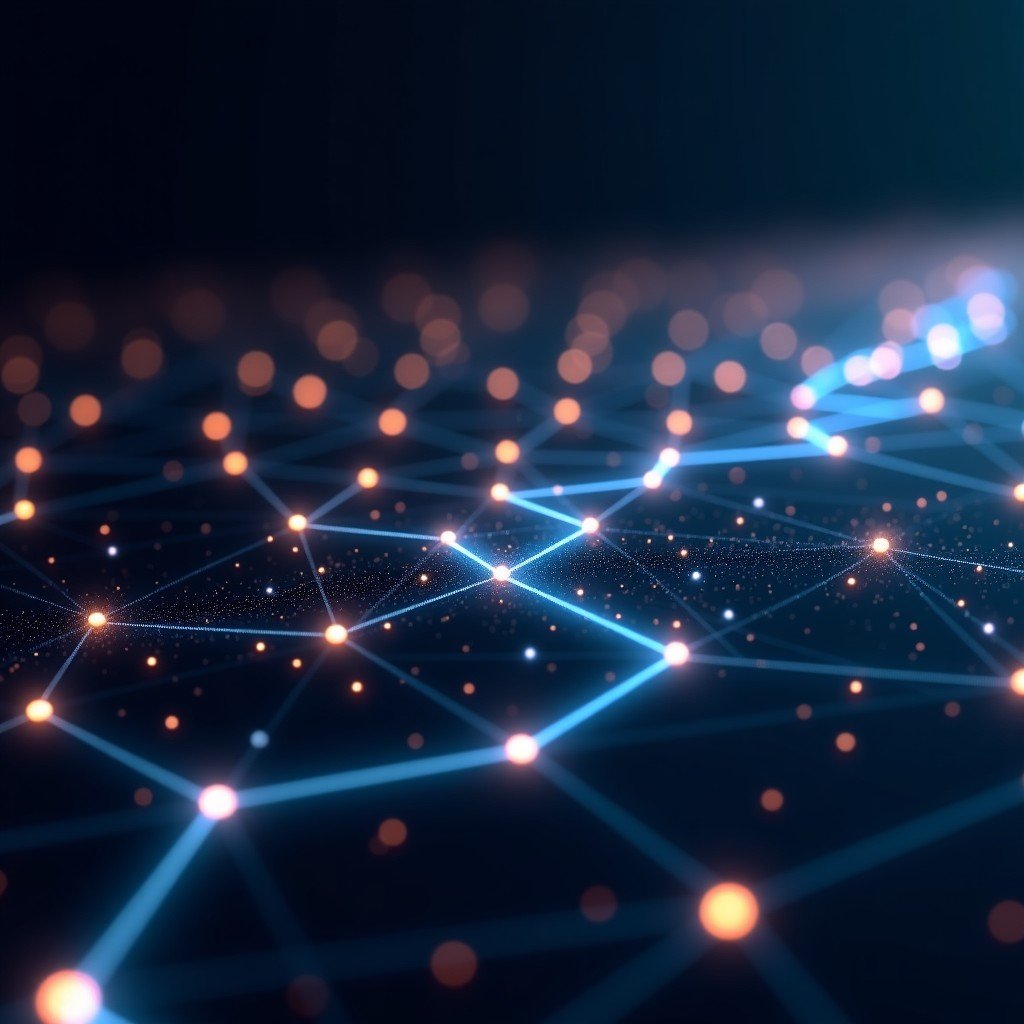 Conceptual art of digital evolution and networking, glowing lines connecting nodes in a dark space, sleek and modern tech aesthetic, 16:9